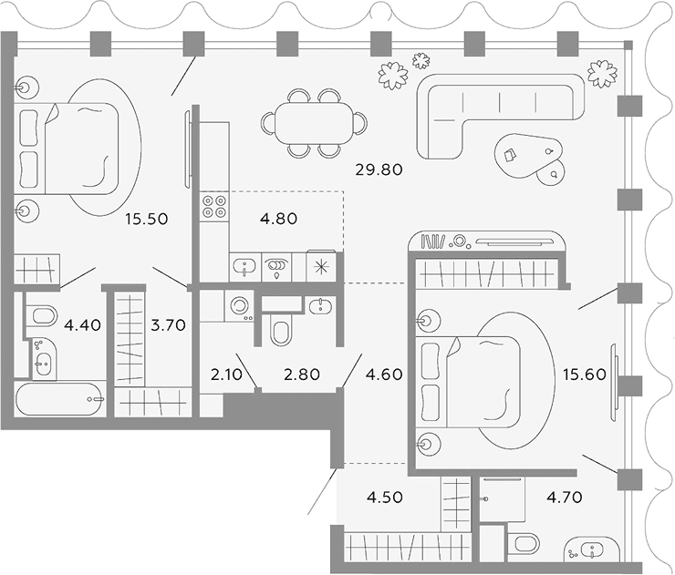 Планировка евротрёшка (3Е) 92.5 м² в ЖК «Тессинский, V», корпус Hespera