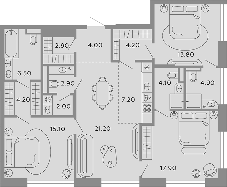 Планировка евро-4 (4Е) 110.9 м² в ЖК «Тессинский, V», корпус Media