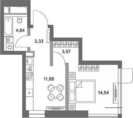 Планировка однокомнатная 37.96 м² в ЖК «ФАЙВ ТАУЭРС», корпус 1