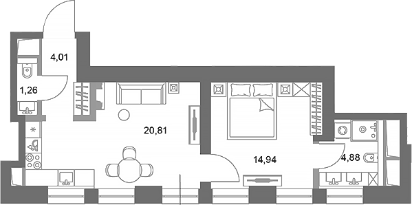Планировка однокомнатная 45.9 м² в ЖК «ФАЙВ ТАУЭРС», корпус 1