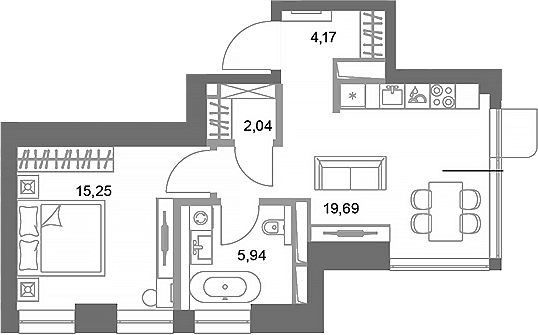 Планировка однокомнатная 47.09 м² в ЖК «ФАЙВ ТАУЭРС», корпус 1