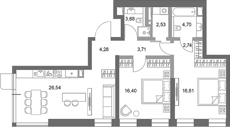 Планировка двухкомнатная 81.19 м² в ЖК «ФАЙВ ТАУЭРС», корпус 1