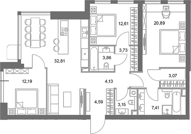 Планировка трёхкомнатная 108.44 м² в ЖК «ФАЙВ ТАУЭРС», корпус 1