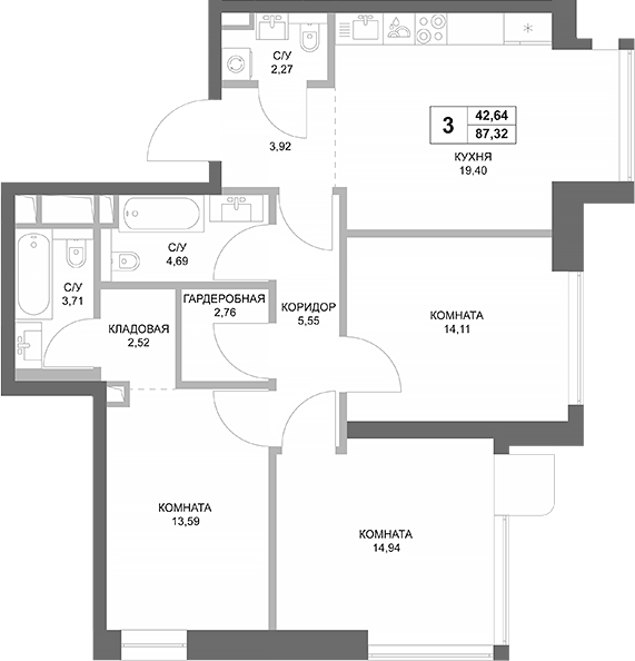 Планировка трёхкомнатная 87.32 м² в ЖК «ФАЙВ ТАУЭРС», корпус 1