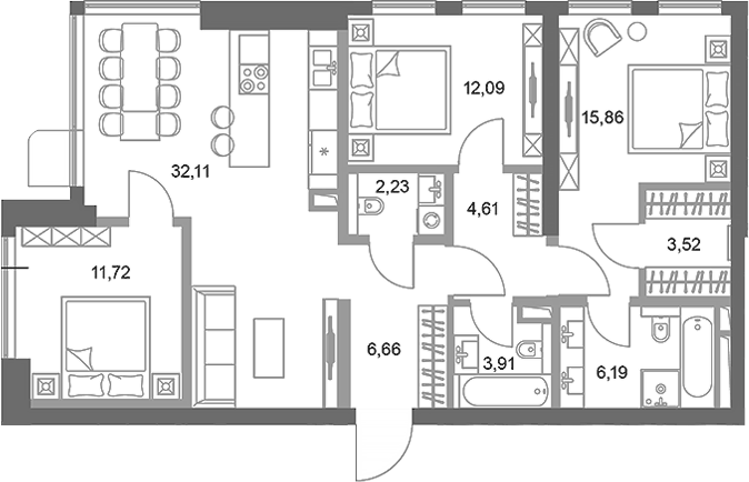 Планировка трёхкомнатная 98.9 м² в ЖК «ФАЙВ ТАУЭРС», корпус 1