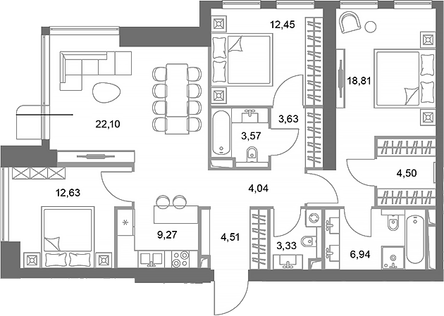 Планировка евро-4 (4Е) 105.78 м² в ЖК «ФАЙВ ТАУЭРС», корпус 1