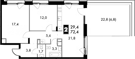 Планировка евротрёшка (3Е) 72.4 м² в ЖК «Лэйк», корпус 1