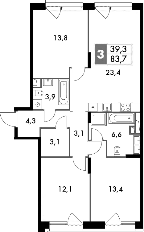 Планировка евро-4 (4Е) 83.7 м² в ЖК «Лэйк», корпус 1