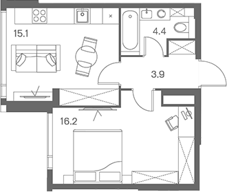Планировка однокомнатная 39.6 м² в ЖК «ЛОТ от Аквилон», корпус 1