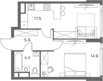 Планировка евродвушка (2Е) 42.7 м² в ЖК «ЛОТ от Аквилон», корпус 1