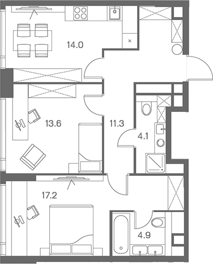 Планировка двухкомнатная 65.1 м² в ЖК «ЛОТ от Аквилон», корпус 1
