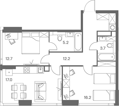 Планировка евротрёшка (3Е) 67 м² в ЖК «ЛОТ от Аквилон», корпус 1