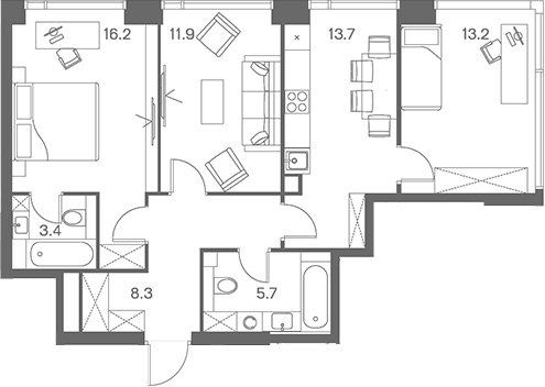Планировка трёхкомнатная 72.4 м² в ЖК «ЛОТ от Аквилон», корпус 1