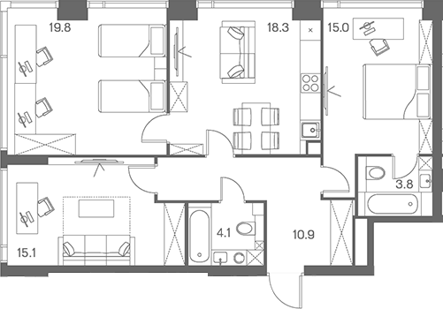 Планировка евро-4 (4Е) 87 м² в ЖК «ЛОТ от Аквилон», корпус 1