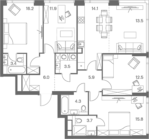 Планировка 5Е-к.кв 110.8 м² в ЖК «ЛОТ от Аквилон», корпус 1