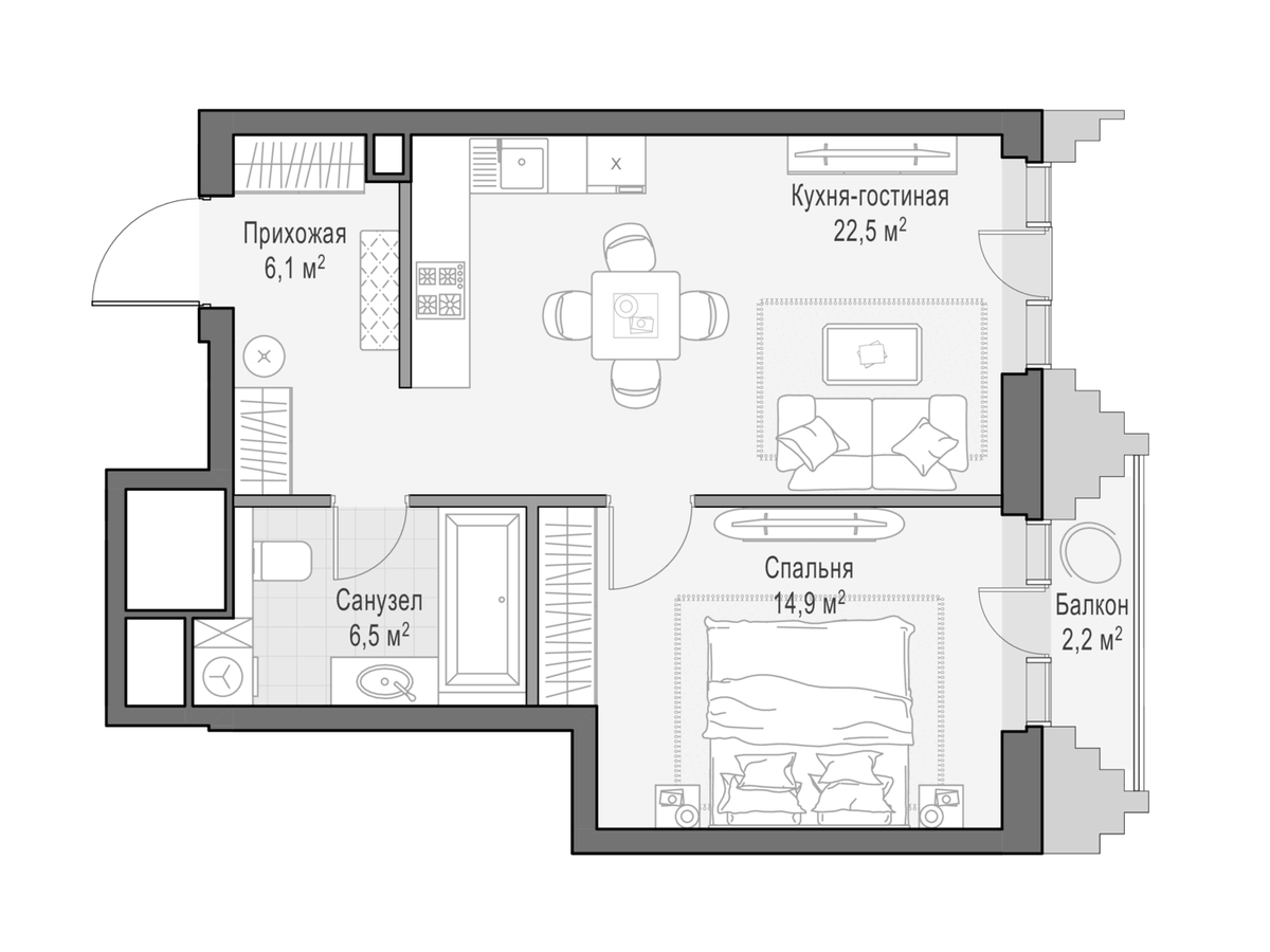 Планировка евродвушка (2Е) 50.2 м² в ЖК «Квартал Тишинский бульвар», корпус 2