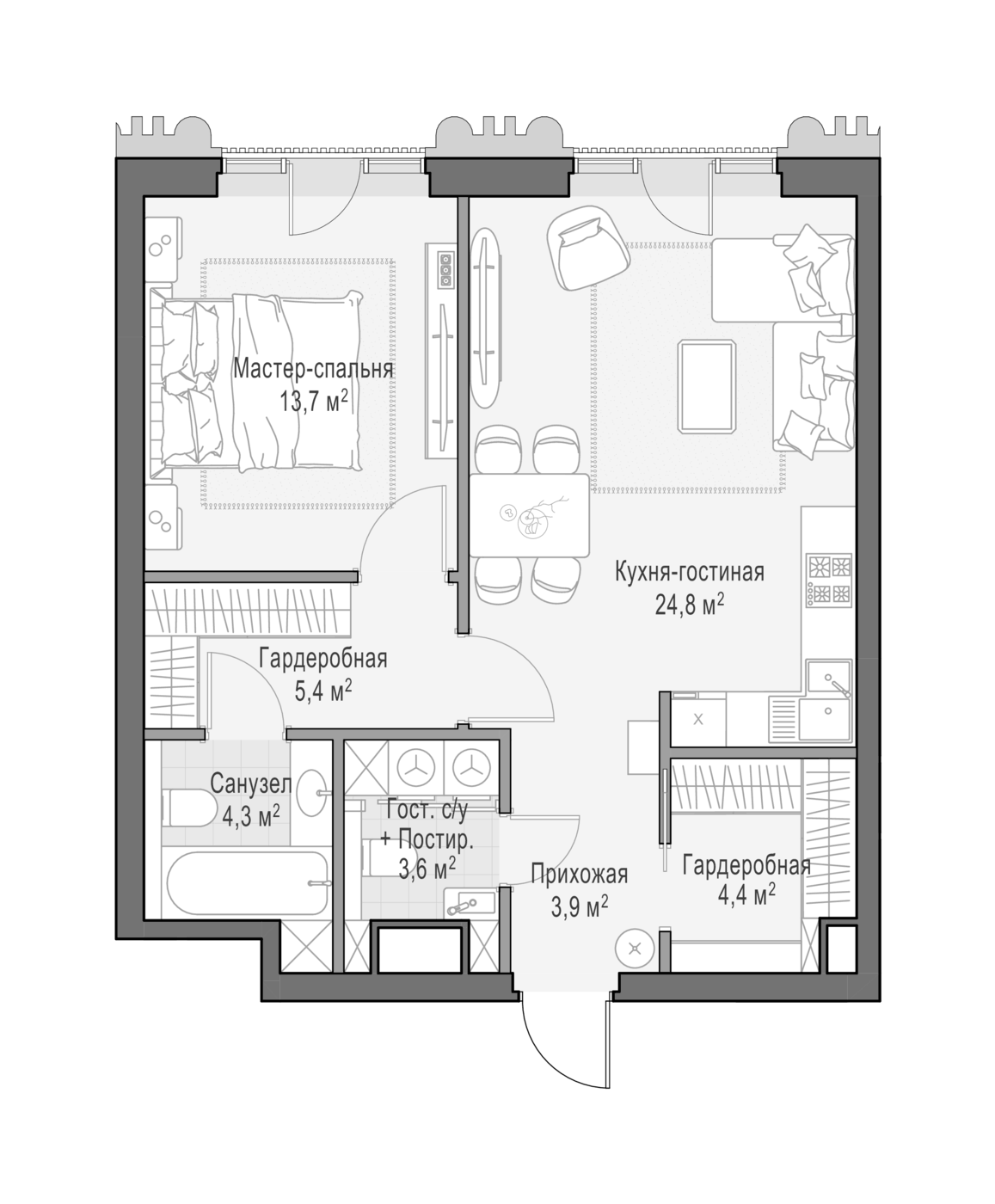 Планировка евродвушка (2Е) 60.3 м² в ЖК «Квартал Тишинский бульвар», корпус 6