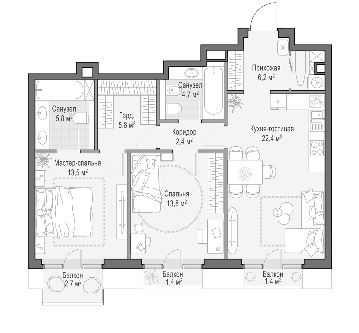 Планировка евротрёшка (3Е) 76.3 м² в ЖК «Квартал Тишинский бульвар», корпус 3