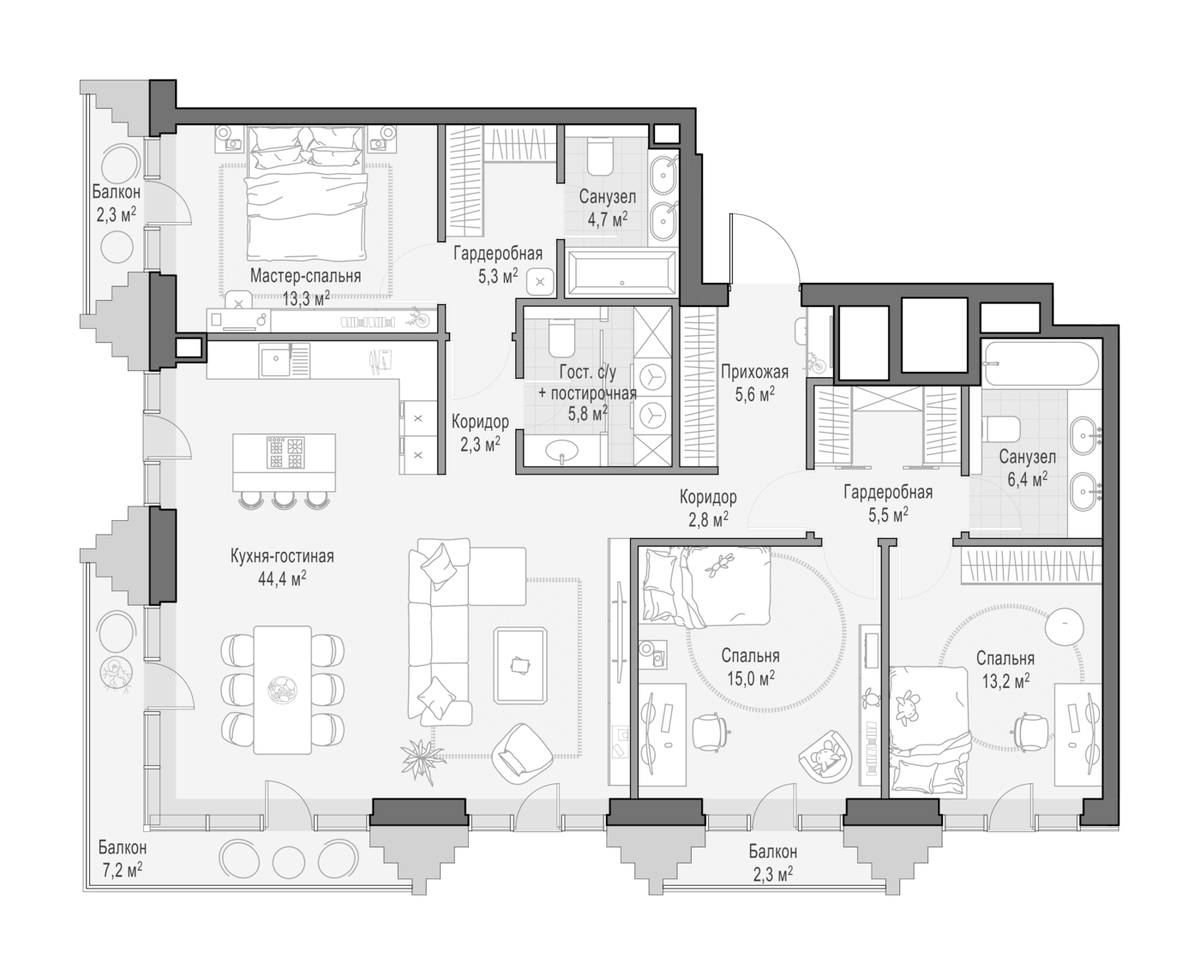 Планировка евро-4 (4Е) 127.5 м² в ЖК «Квартал Тишинский бульвар», корпус 2