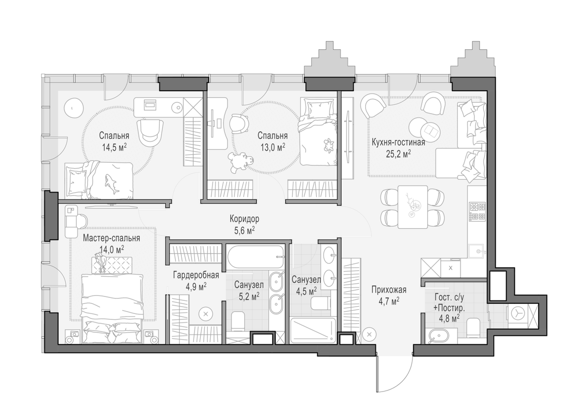 Планировка евро-4 (4Е) 96.1 м² в ЖК «Квартал Тишинский бульвар», корпус 2