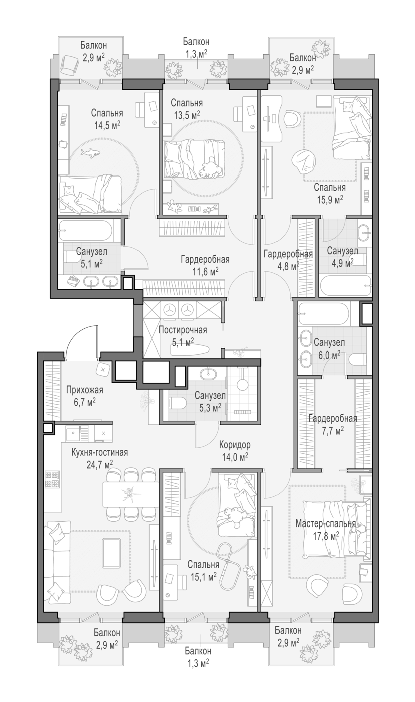 Планировка пятикомнатная 179.5 м² в ЖК «Квартал Тишинский бульвар», корпус 3