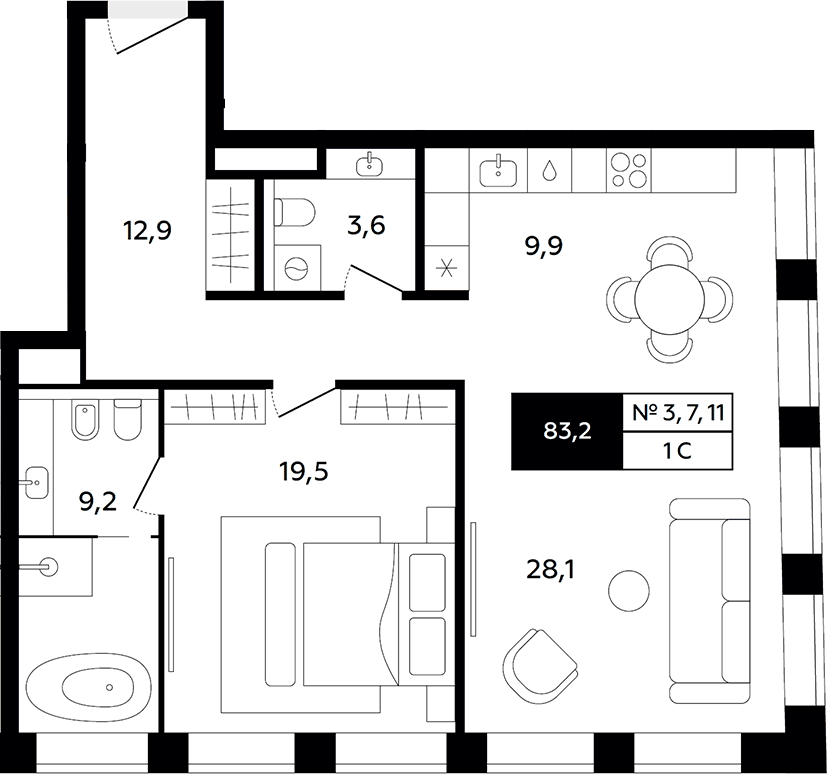 Планировка евродвушка (2Е) 83.2 м² в ЖК «Титул Империáл», корпус Титул Империáл