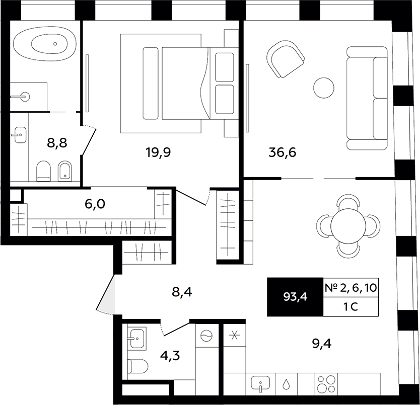 Планировка евродвушка (2Е) 93.4 м² в ЖК «Титул Империáл», корпус Титул Империáл