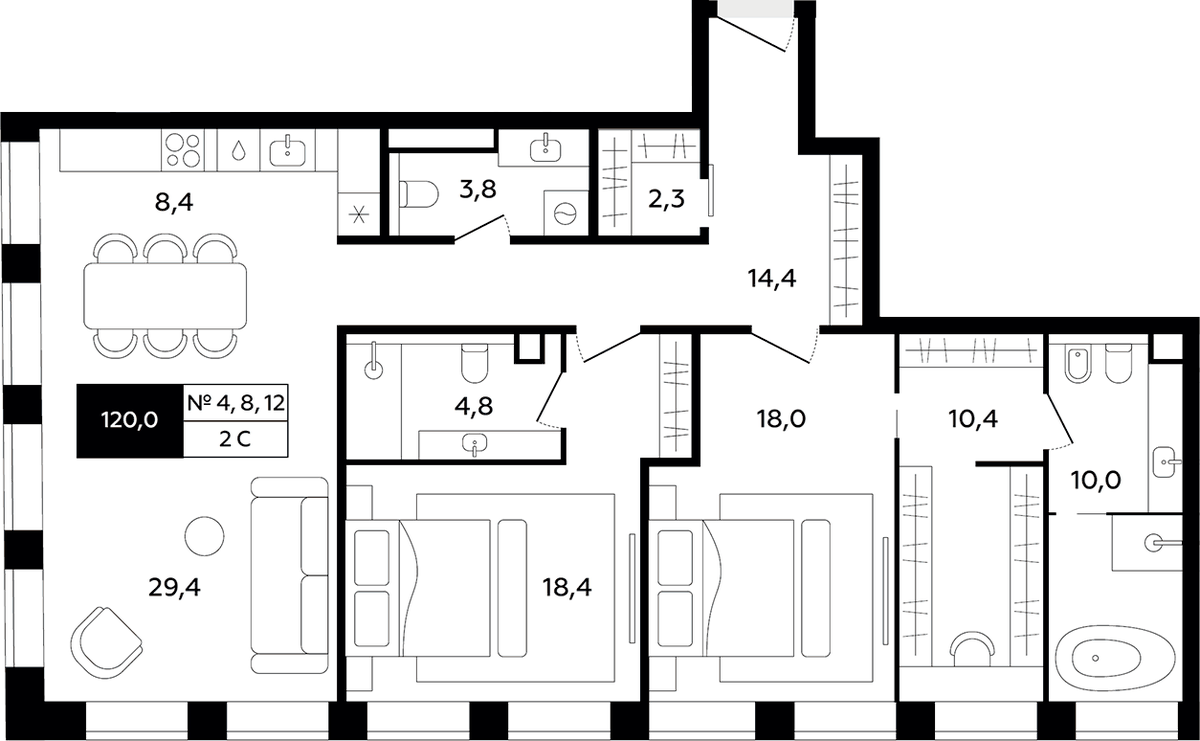 Планировка евротрёшка (3Е) 120 м² в ЖК «Титул Империáл», корпус Титул Империáл