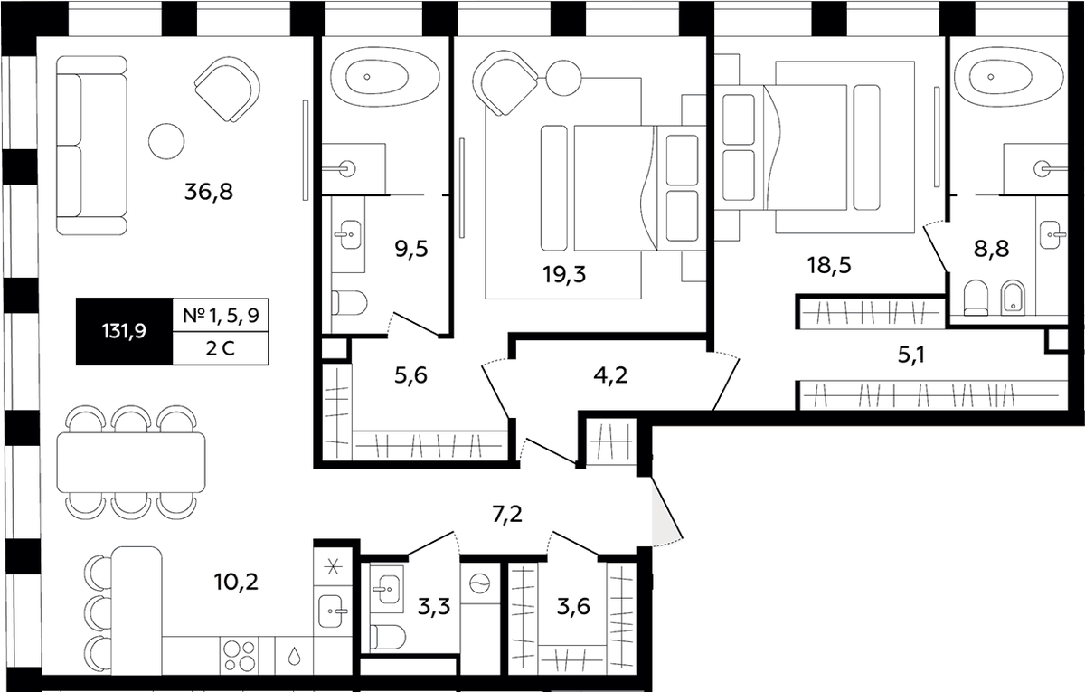 Планировка евротрёшка (3Е) 131.9 м² в ЖК «Титул Империáл», корпус Титул Империáл