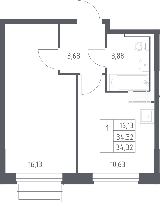 Планировка однокомнатная 34.32 м² в ЖК «Томилино Парк», корпус 6.4
