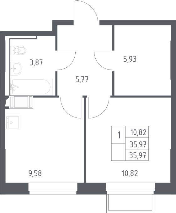 Планировка однокомнатная 35.97 м² в ЖК «Томилино Парк», корпус 6.4