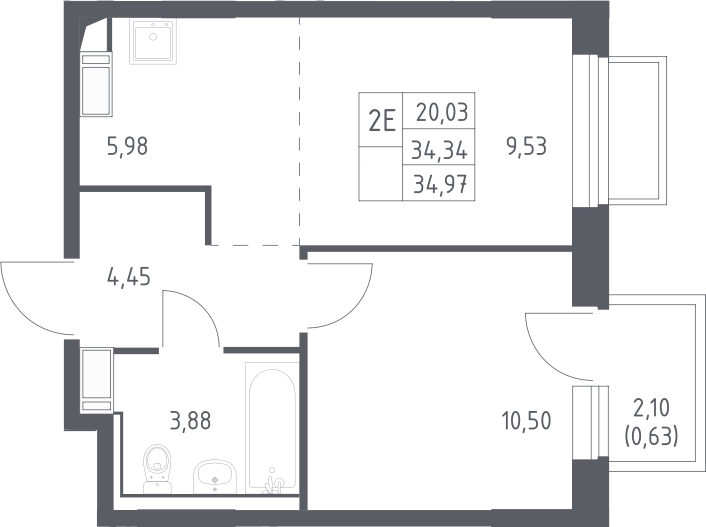 Планировка евродвушка (2Е) 34.97 м² в ЖК «Томилино Парк», корпус 6.4