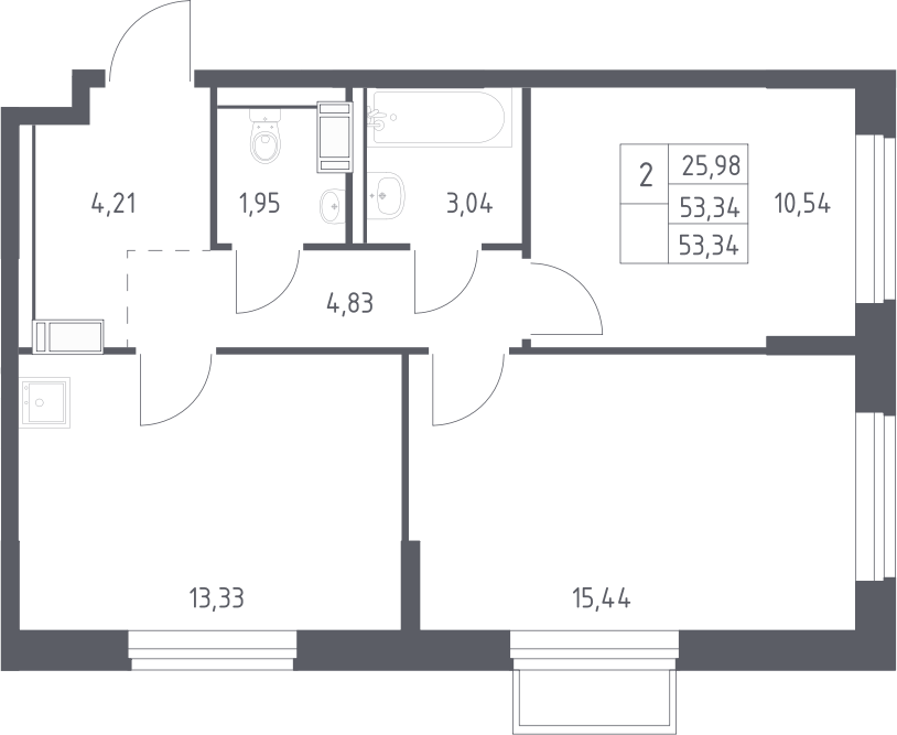 Планировка двухкомнатная 53.34 м² в ЖК «Томилино Парк», корпус 6.4