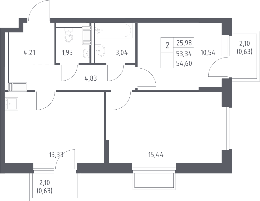 Планировка двухкомнатная 54.6 м² в ЖК «Томилино Парк», корпус 6.4