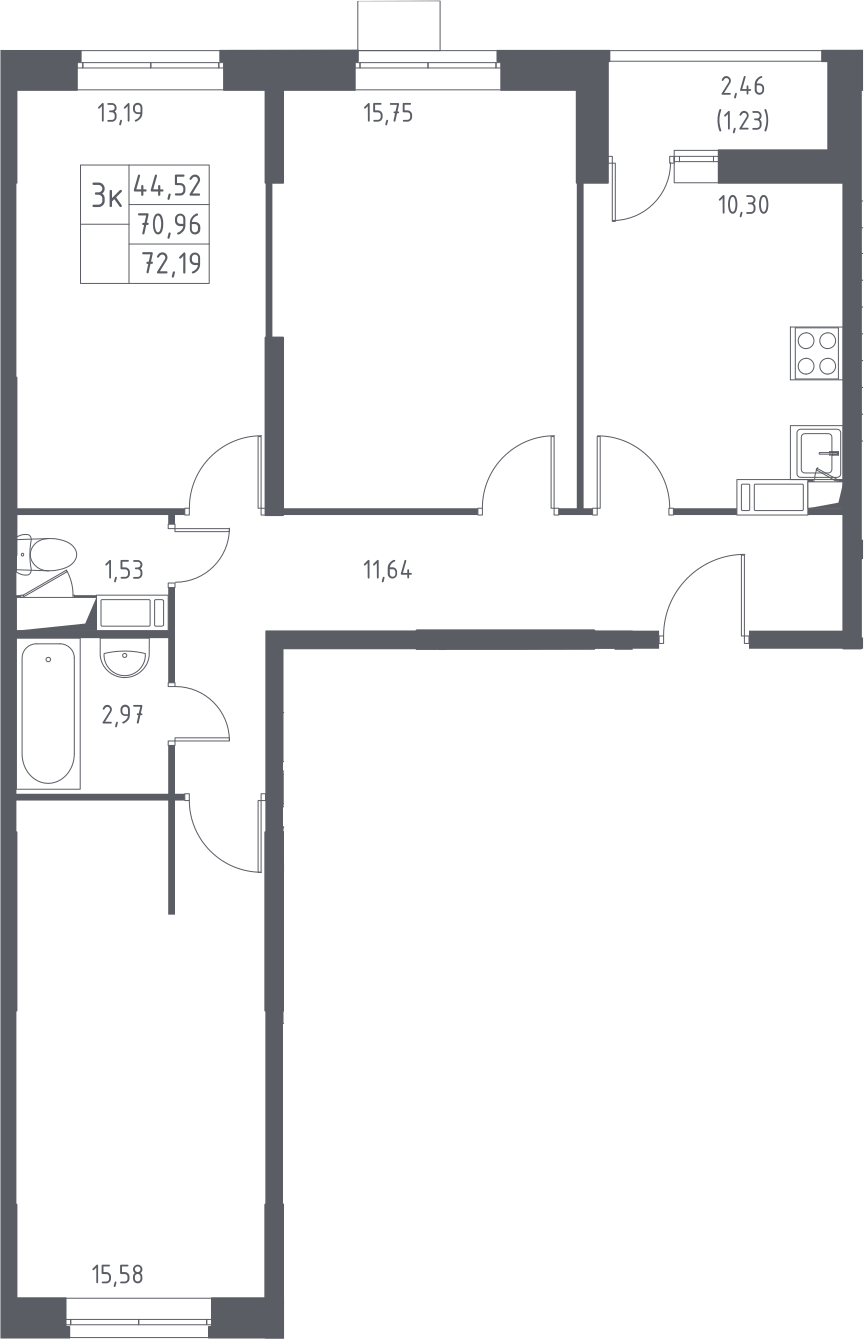 Планировка трёхкомнатная 71.1 м² в ЖК «Томилино Парк», корпус 19