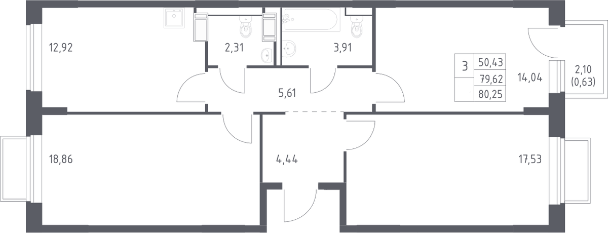 Планировка трёхкомнатная 78.8 м² в ЖК «Томилино Парк», корпус 6.2
