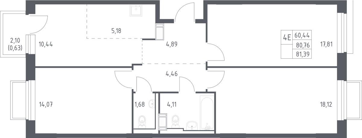 Планировка евро-4 (4Е) 81.39 м² в ЖК «Томилино Парк», корпус 6.4