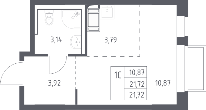 Планировка Студии 21.72 м² в ЖК «Томилино Парк», корпус 6.4