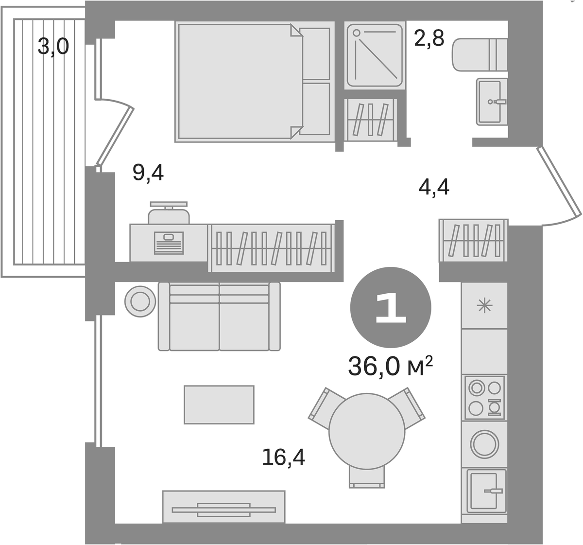 Планировка однокомнатная 36 м² в ЖК «Первый квартал. Вторая очередь», корпус 9