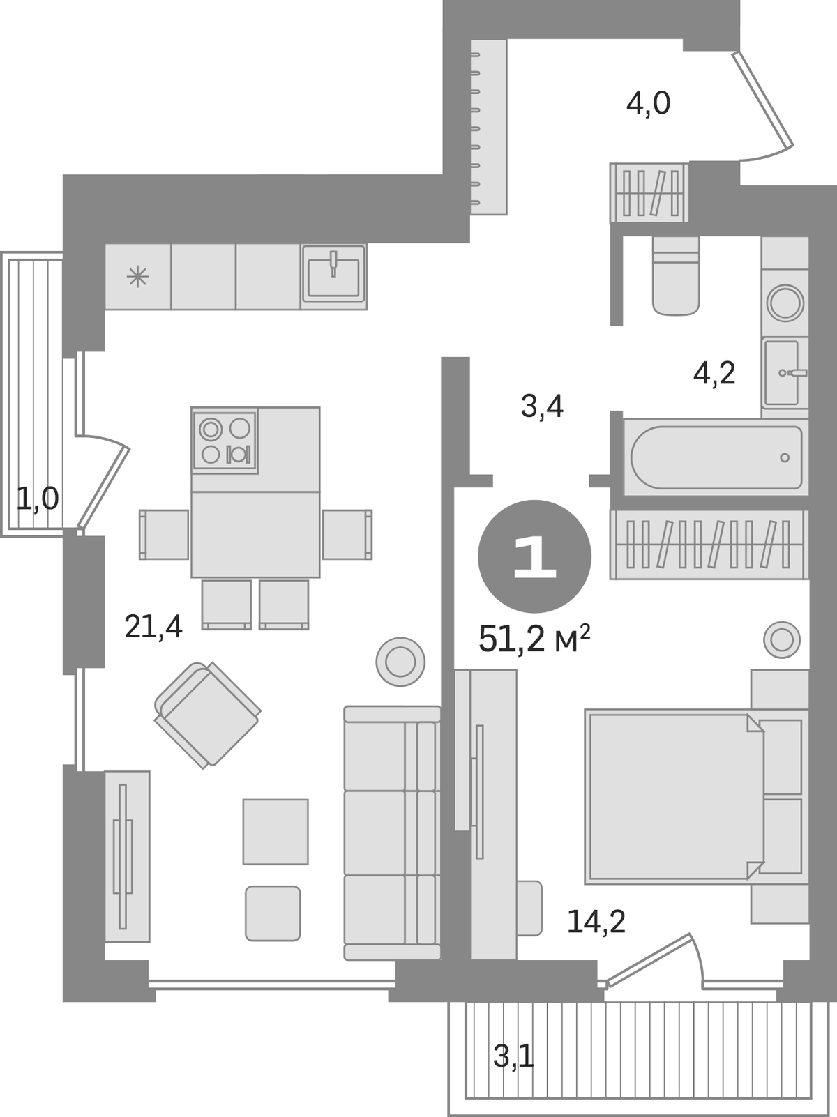 Планировка однокомнатная 51.2 м² в ЖК «Первый квартал. Вторая очередь», корпус 8