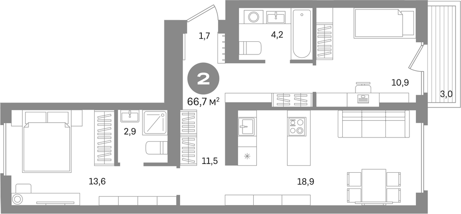 Планировка двухкомнатная 66.7 м² в ЖК «Первый квартал. Вторая очередь», корпус 9