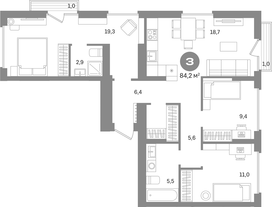 Планировка трёхкомнатная 84.2 м² в ЖК «Первый квартал. Вторая очередь», корпус 9