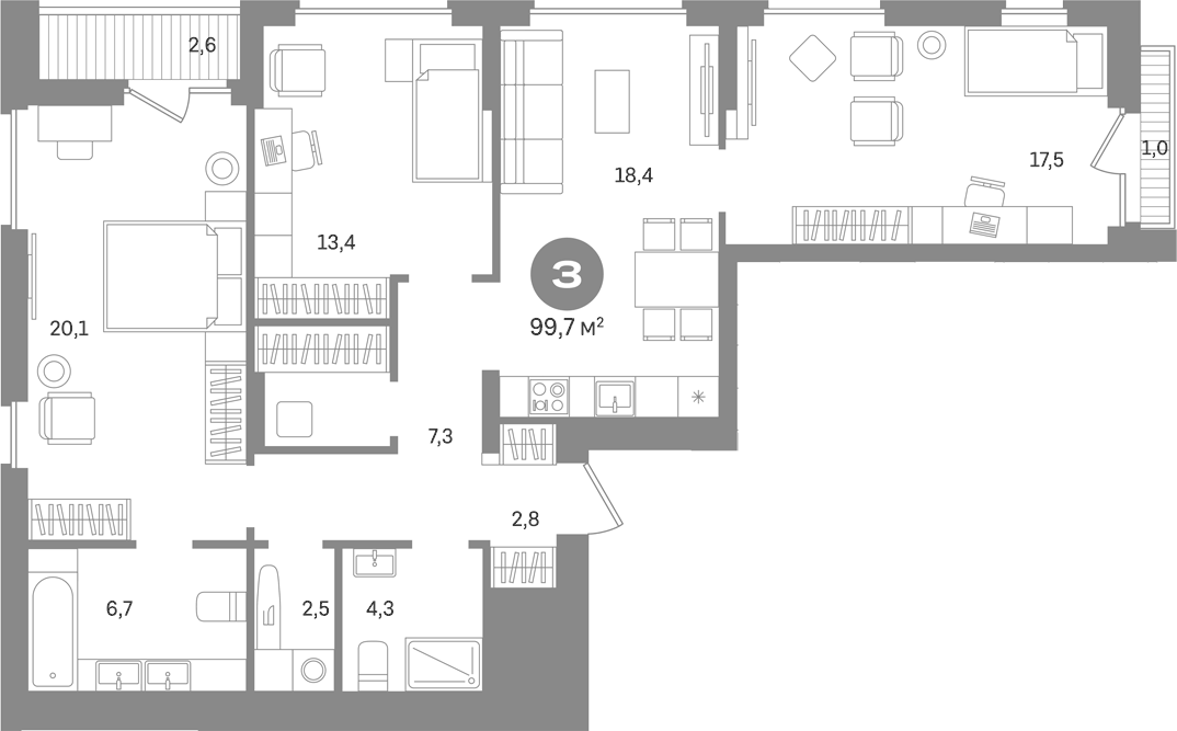Планировка трёхкомнатная 99.7 м² в ЖК «Первый квартал. Вторая очередь», корпус 10