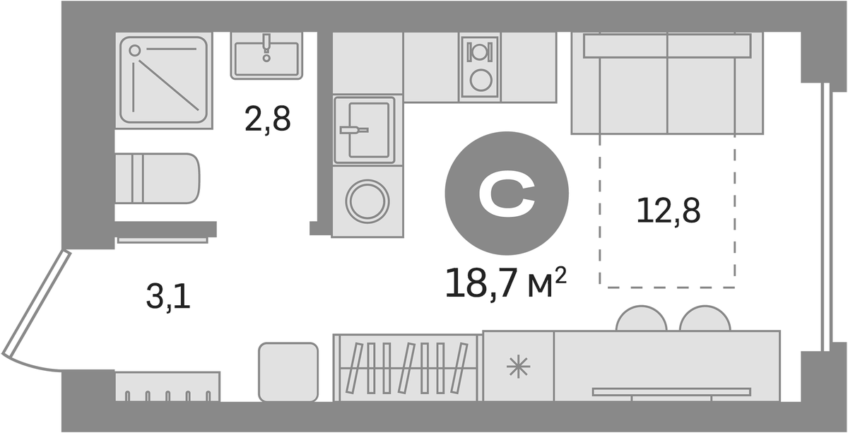 Планировка Студии 18.7 м² в ЖК «Первый квартал. Вторая очередь», корпус 9