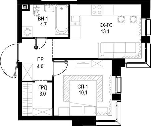 Планировка однокомнатная 34.9 м² в ЖК «Трилогия «Кристалл»», корпус 9.1