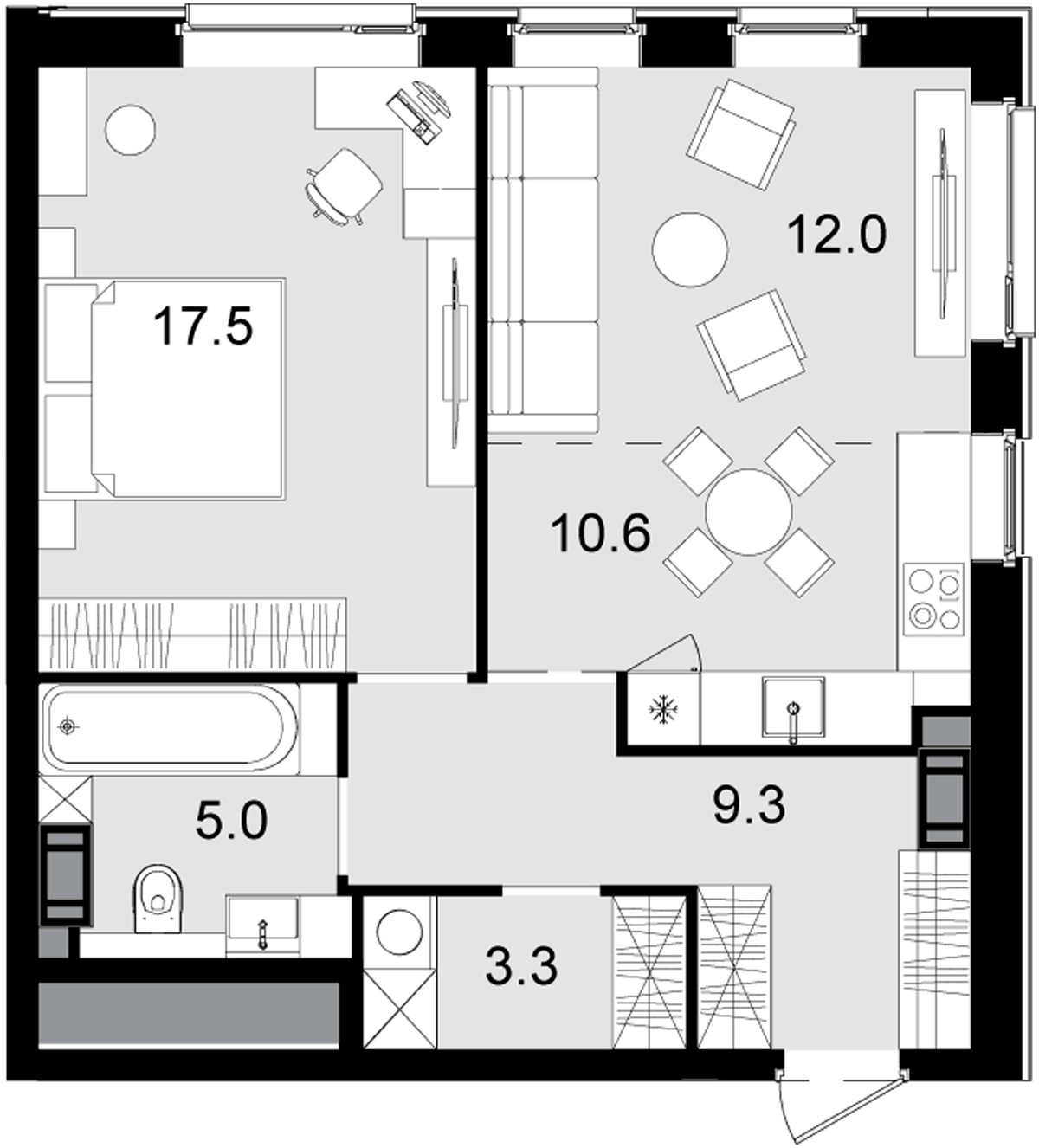 Планировка евродвушка (2Е) 56.6 м² в ЖК «Трилогия «Кристалл»», корпус 8