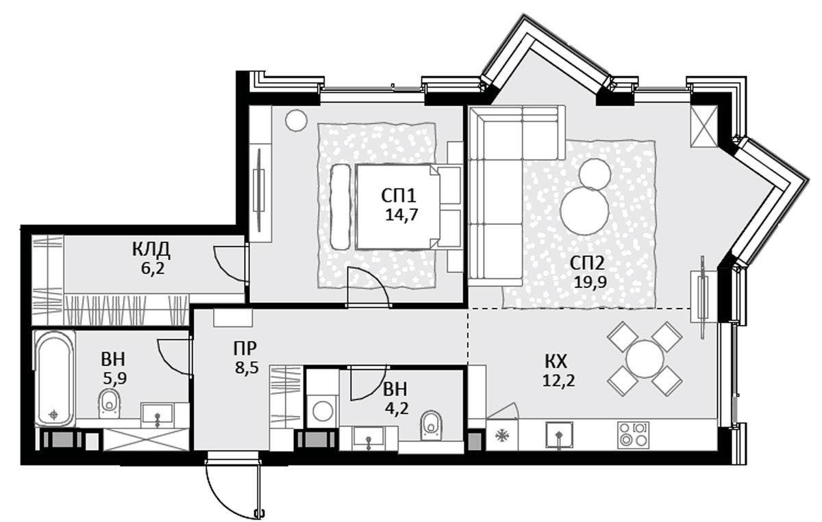 Планировка евродвушка (2Е) 71.6 м² в ЖК «Трилогия «Кристалл»», корпус 8