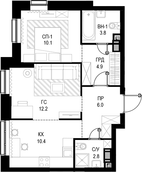 Планировка двухкомнатная 50.2 м² в ЖК «Трилогия «Кристалл»», корпус 9.1