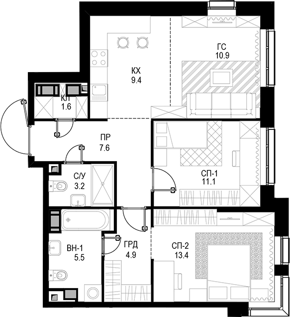 Планировка евротрёшка (3Е) 67.6 м² в ЖК «Трилогия «Кристалл»», корпус 9.1