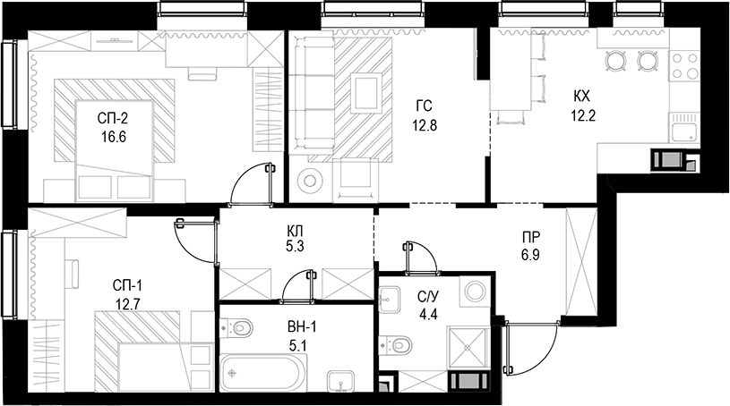 Планировка трёхкомнатная 76 м² в ЖК «Трилогия «Кристалл»», корпус 9.1